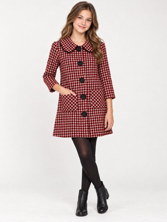 iris & ivy Other - Iris & Ivy Girls Size 12 Red Black White Tweed Houndstooth Peter Pan Collar Coat